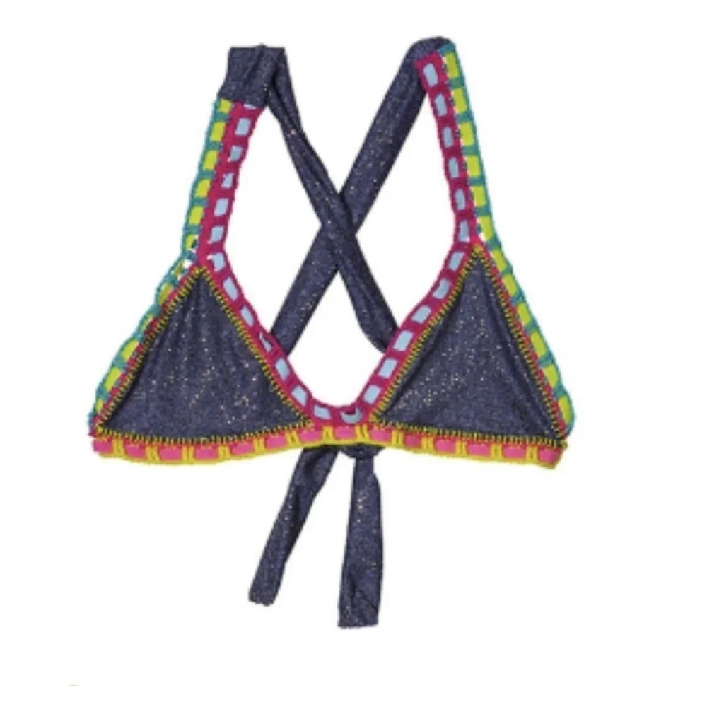 PILYQ Sparkle Denim Rainbow Stitch Trimmed Triangle Bikini Top Sz. 6 NEW